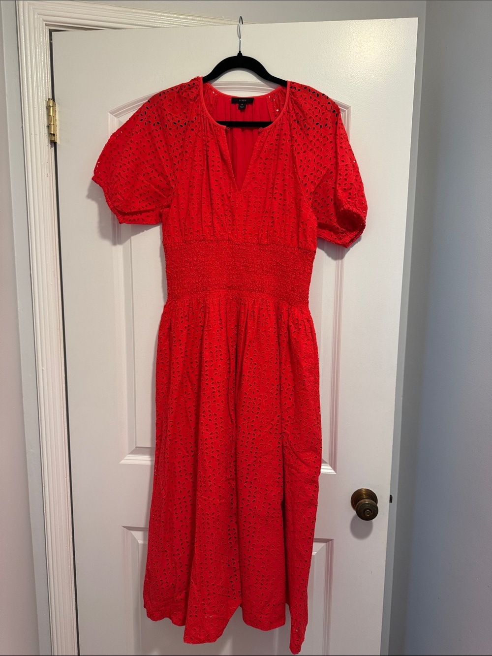 J. Crew Red Eyelet Midi Dress with Puff Sleeves